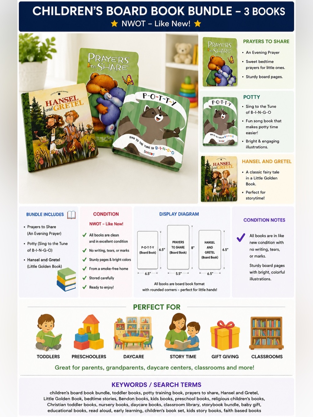 Children's Board 3 Books Bundle Bendon Potty Prayers to Share Hansel & Gretel